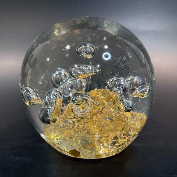 Vintage Glass Paperweight Clear Controlled Bubbles Gold Flecks 4"x4"x4" Da Vinci - Picture 2 of 6